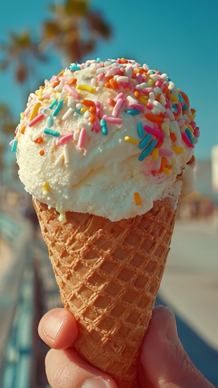 Delizioso cono gelato con codette colorate in una giornata di sole, perfetto per una rinfrescante delizia in spiaggia, un piacevole piacere estivo con sfondo vivace.