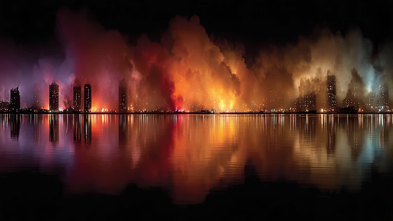 A Dramatic Scene: Urban Skyline Illuminated by Fiery Reflections and Layers of Colorful Smoke Against a Dark Night Sky