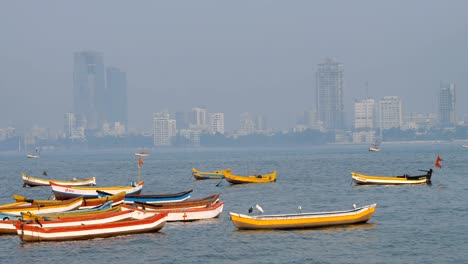 small and colorful fishing boats are parked in the arabian sea