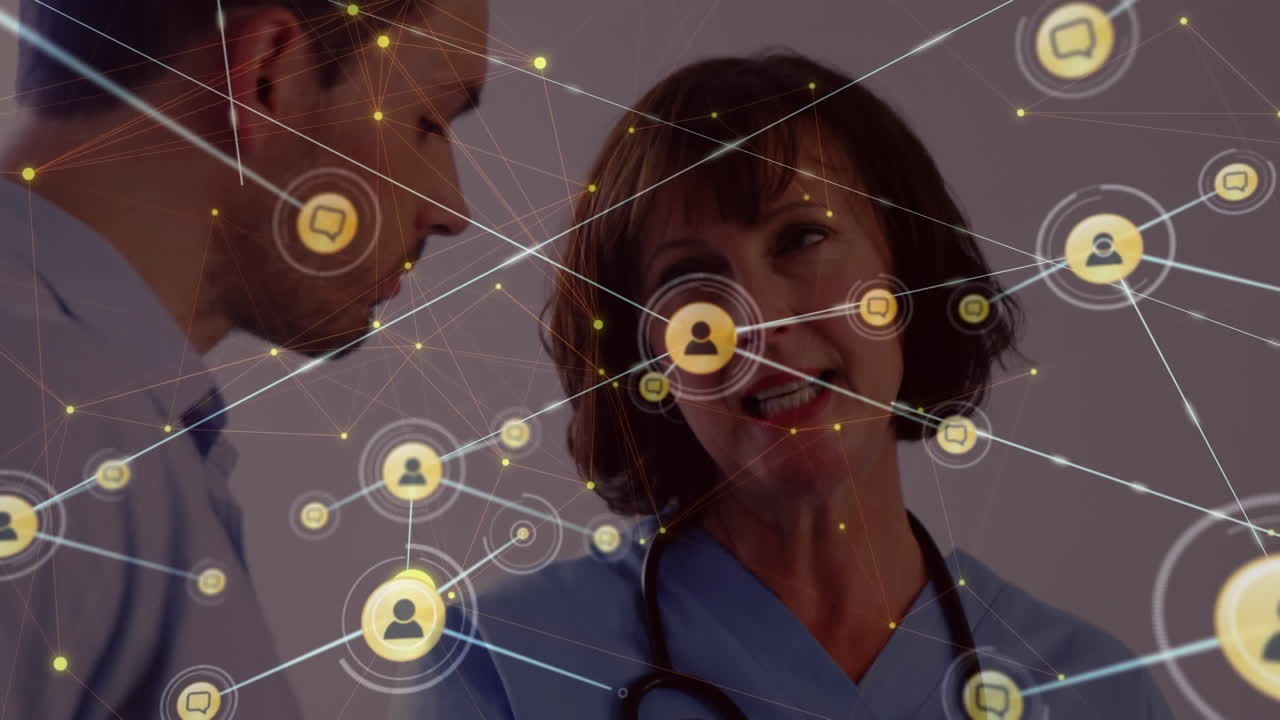 animación de médicos caucásicos a través de una red de conexiones
