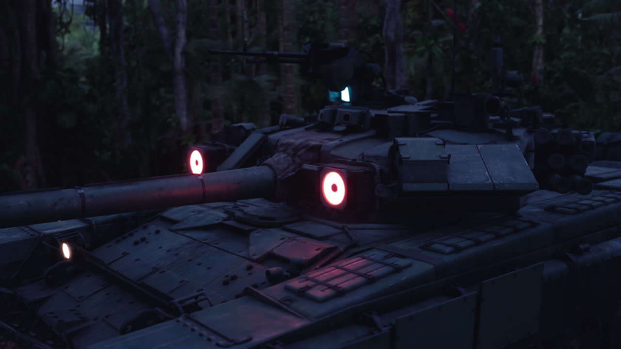 Military tank positioned in dense jungle during nighttime operations