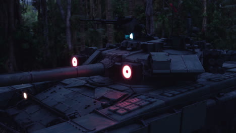 military tank positioned in dense jungle during nighttime operations
