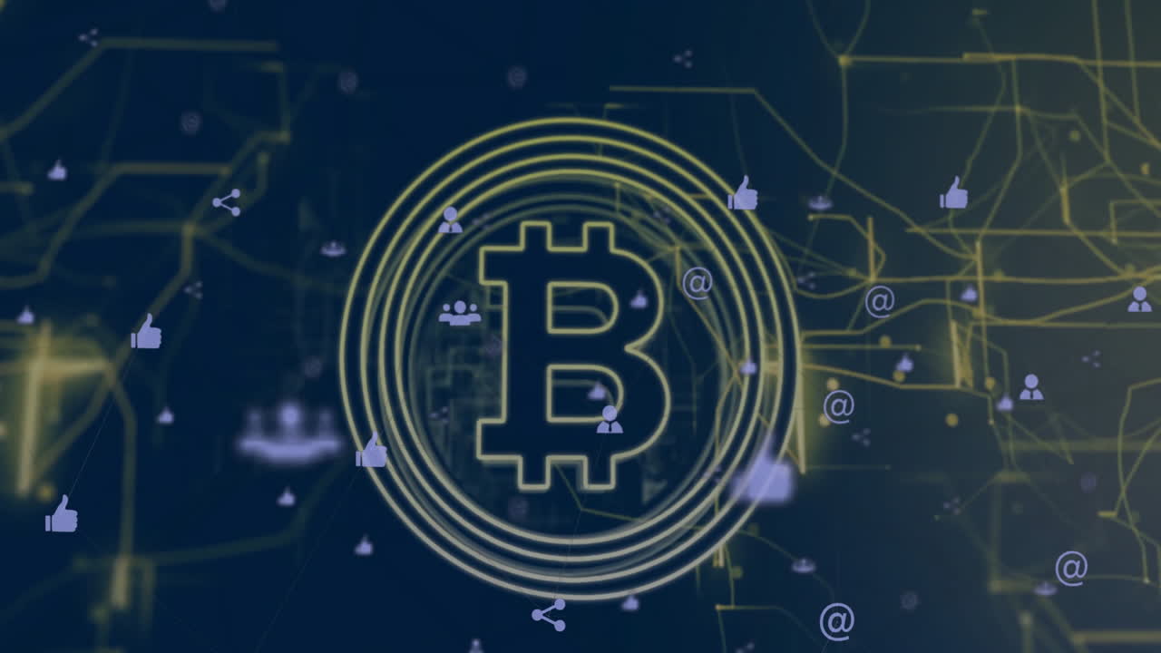 animación de la red de conexiones y el signo de bitcoin