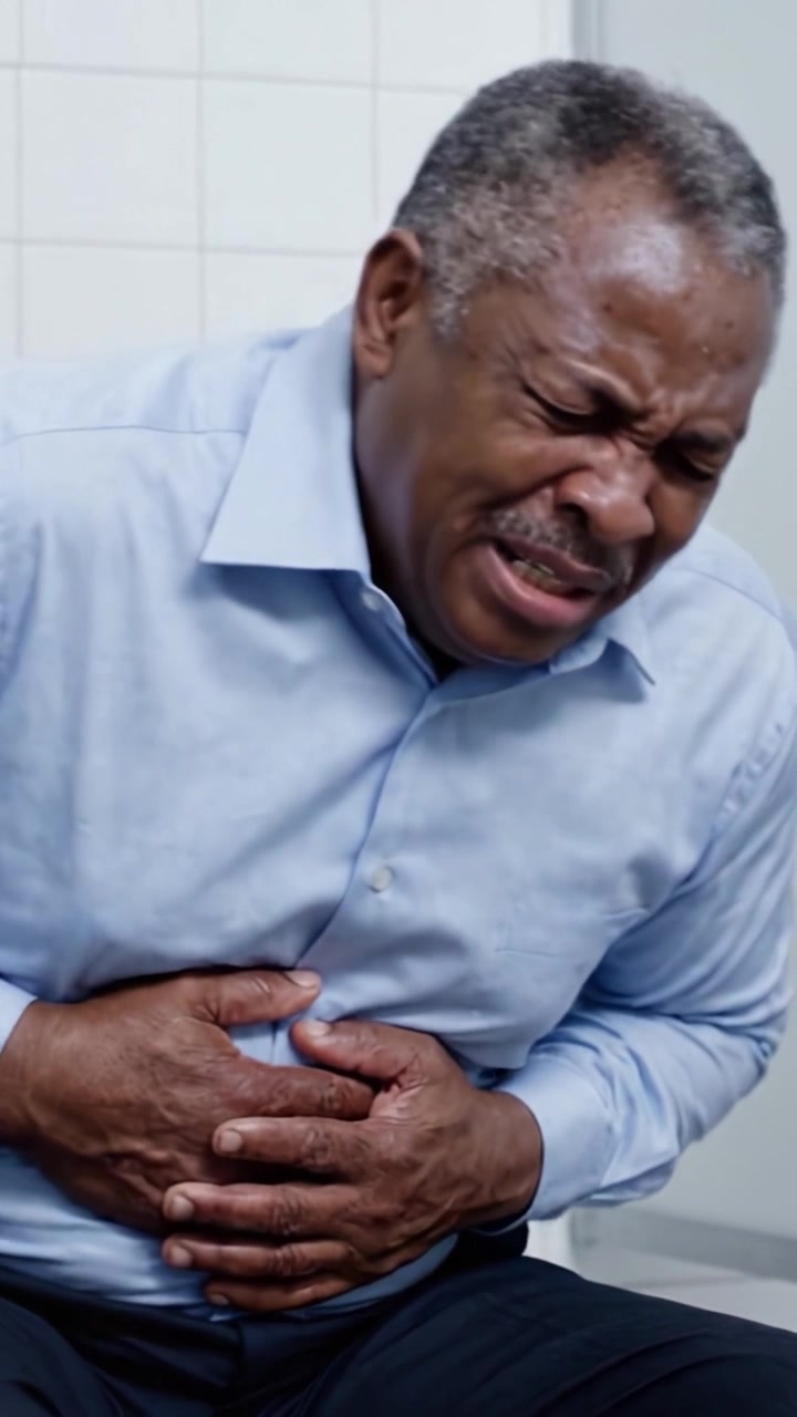 Man Experiencing Severe Abdominal Pain and Discomfort in a Healthcare Setting Illustrating the Struggles of Acute Gastrointestinal Distress and Seeking Relief