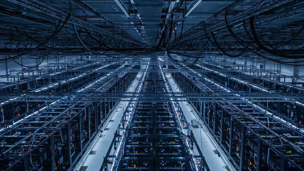 Aerial View of a Massive Data Center Featuring Rows of Server Racks and Intricate Network Cabling in a Modern, Technologically Advanced Facility