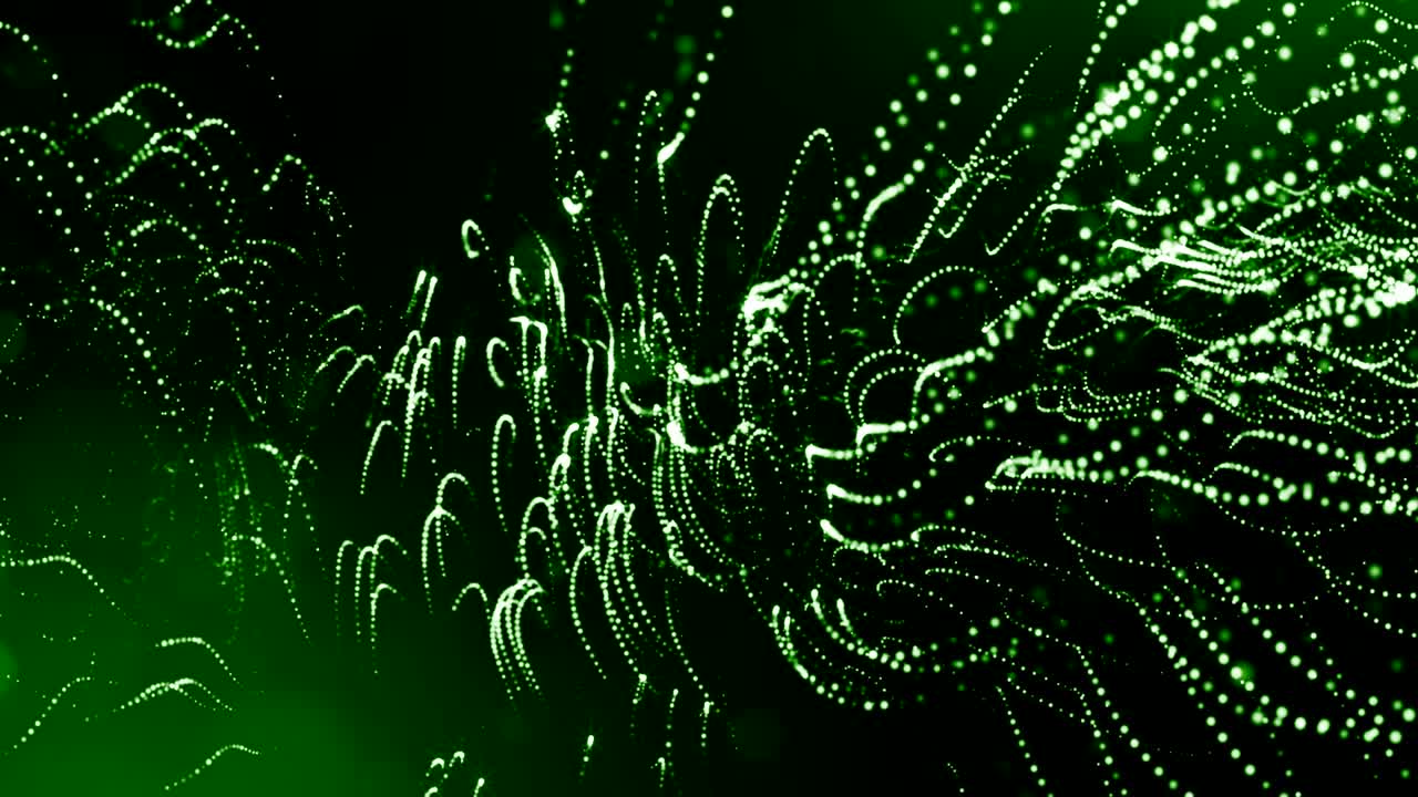 3d render of luminous particles as science fiction background or modern abstract green background of particles with depth of field and bokeh like vj loop. Particles form line and string structure. 9