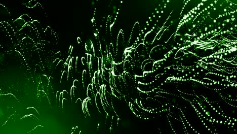 renderizado 3d de partículas luminosas como fondo de ciencia ficción o fondo verde abstracto moderno de partículas con profundidad de campo y bokeh como bucle vj. las partículas forman línea y estructura de cuerdas. 9