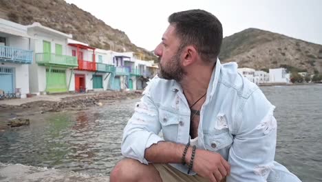 close up of a man in klima background in milos