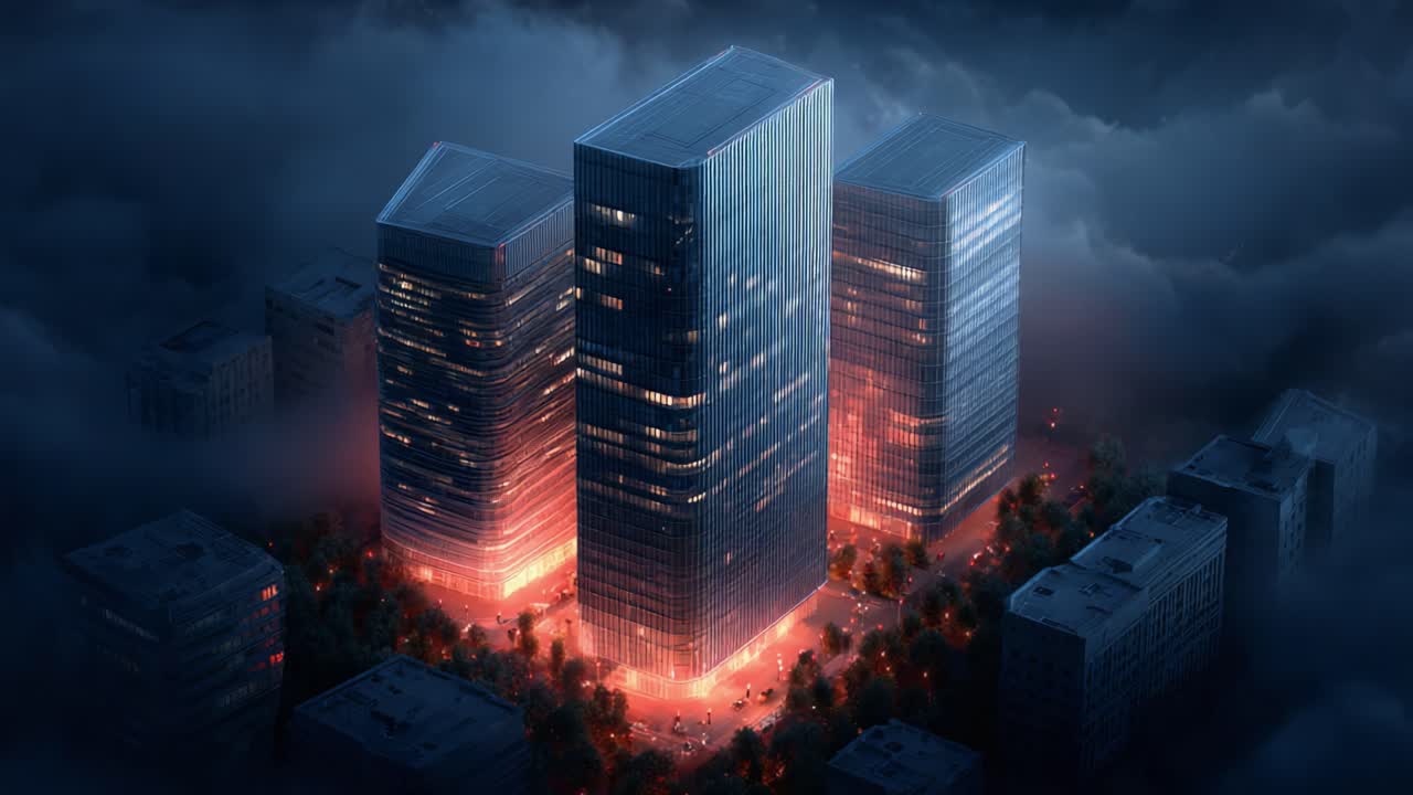 A Dramatic Transformation: Illuminated Skyscrapers Emergence Amidst a Cloudy Evening Sky, Capturing the Urban Landscape in a Mesmerizing Glow