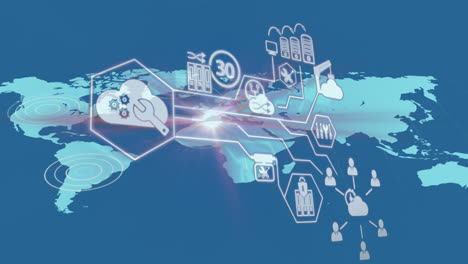 Interfaz-Digital-Con-Iconos-Digitales-Contra-Círculos-Pulsantes-Sobre-El-Mapa-Mundial-Sobre-Fondo-Azul