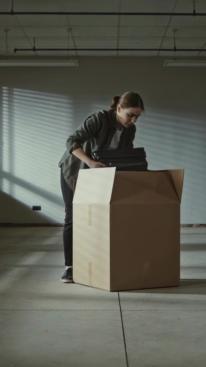 Vertical video: Walking woman opening box and checking cargo in storage room wearing jacket