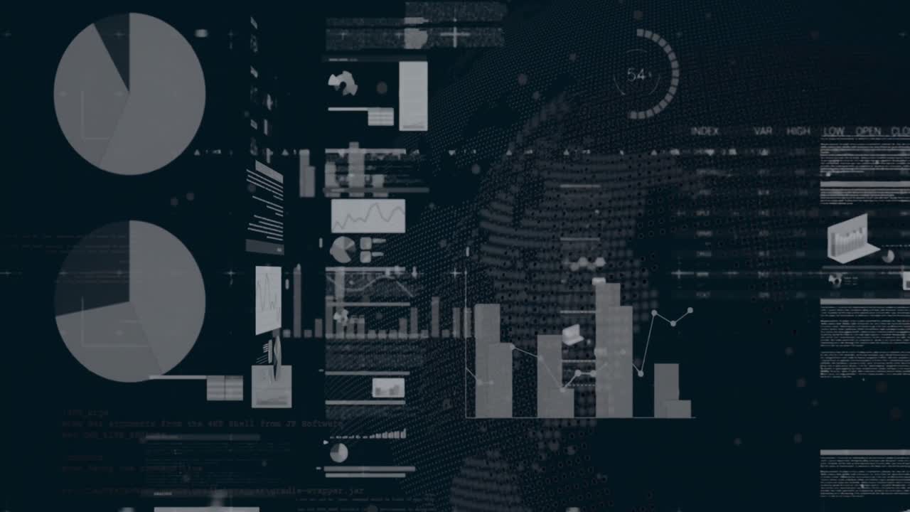 Animation of multiple graphs and trading board over globe against black background