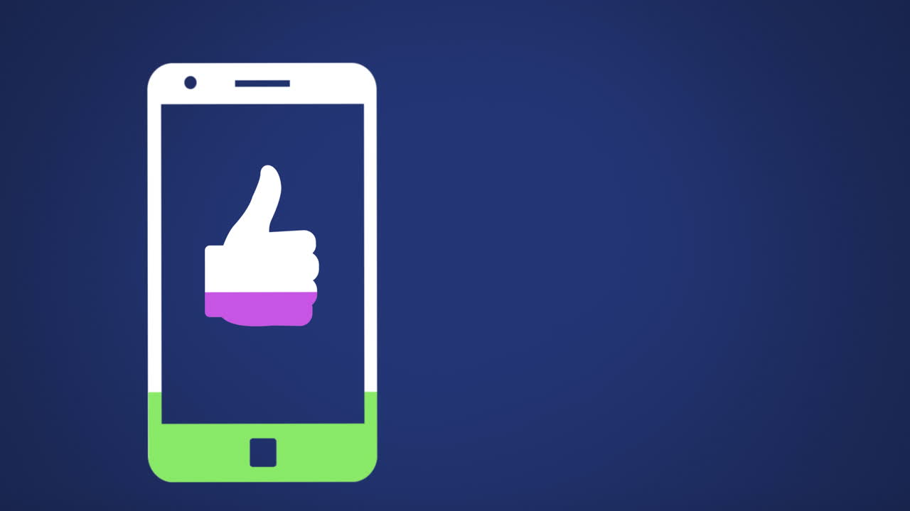 Icona del pollice in su sullo schermo dello smartphone che si riempie di colori 4K.