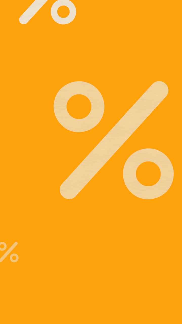Animazione di icone di percentuale bianche online che si muovono su sfondo giallo.