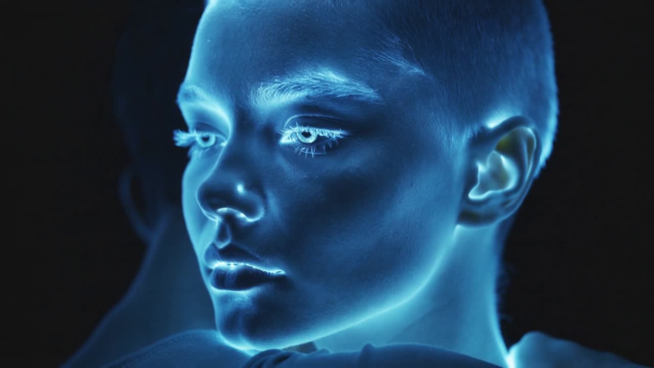Una rampa di illuminazione fa sì che una modella con taglio a spazzola inclini la testa e sposti lo sguardo in studio, con un bordo al neon per il contorno.