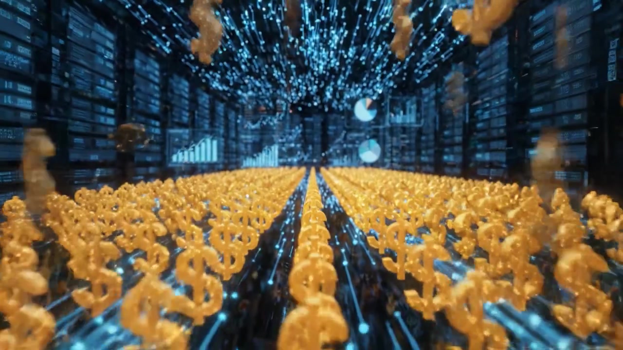 Un paesaggio finanziario futuristico che visualizza il flusso di valuta digitale, grafici di crescita e analisi dei dati con segni del dollaro dinamici che rappresentano ricchezza e prosperità economica.