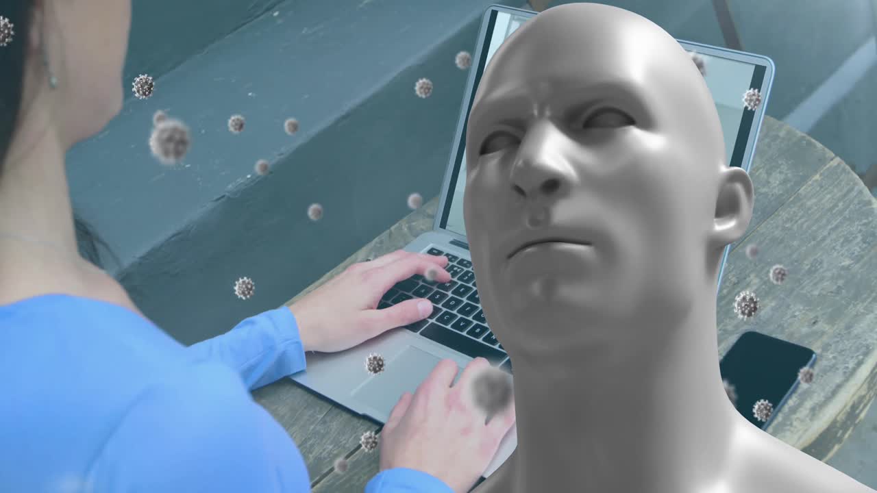 animación de células de covid 19 y busto humano sobre una mujer de negocios en una llamada de video portátil