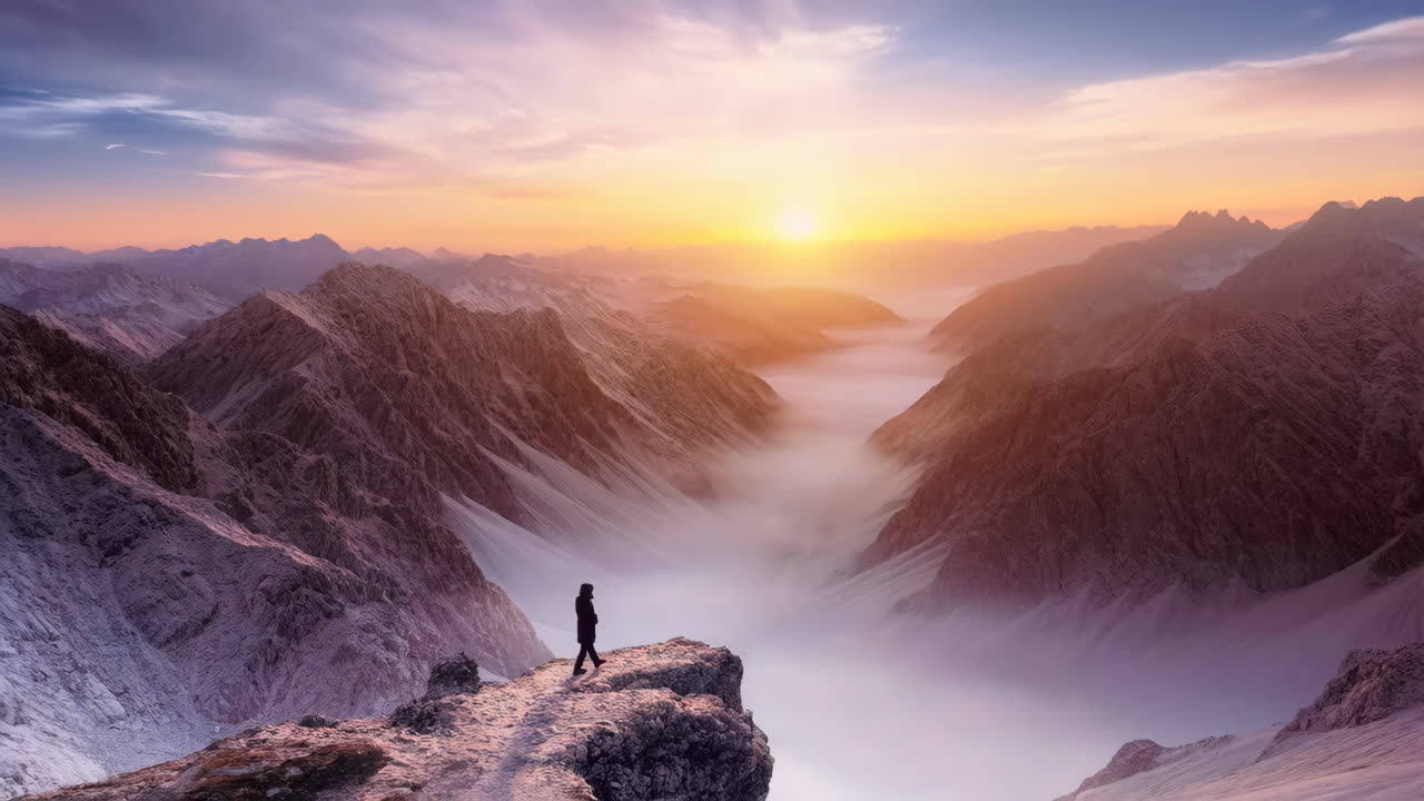 Person standing on a mountain peak overlooking a foggy valley at sunset