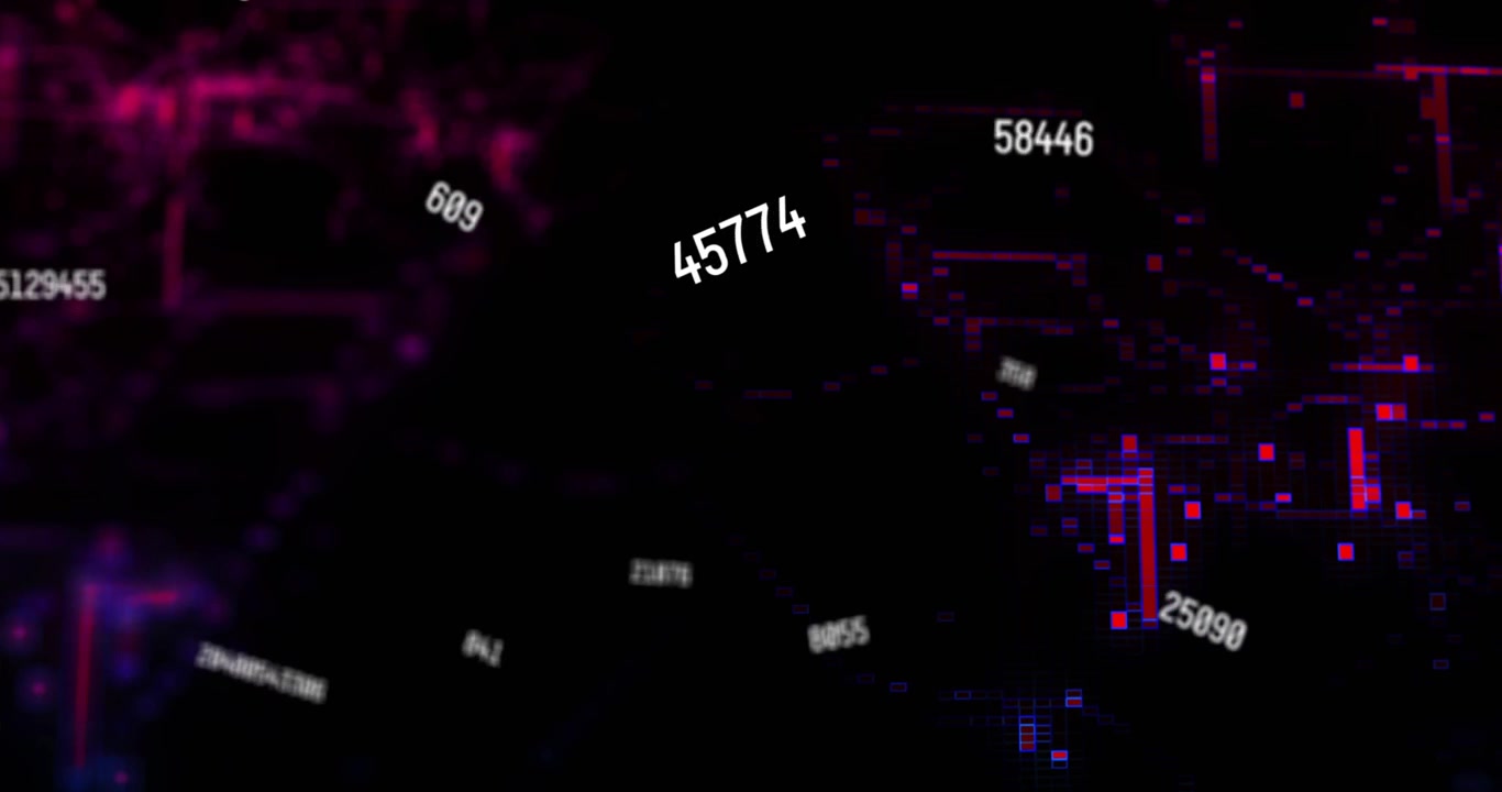 Animating white numbers moving and scaling in dark void, magenta glow causing neon network lighting