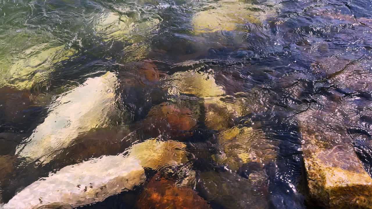 Una serena scena subacquea che rivela pietre colorate e dolci increspature in un ruscello limpido, mettendo in mostra la tranquillità e la bellezza della natura.