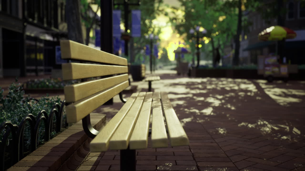 Morning light illuminates urban park benches on a tranquil street