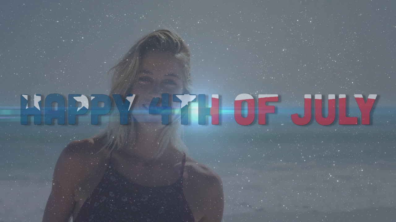 Happy 4th of July text animation over person standing by ocean