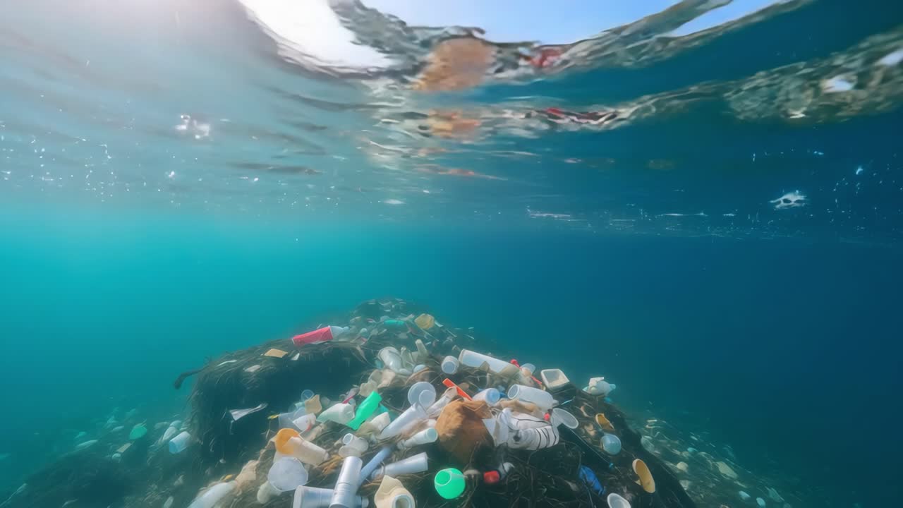 Plastic and various types of garbage polluting ocean waters, highlighting the urgent environmental issue of plastic waste contaminating marine ecosystems and threatening sea life