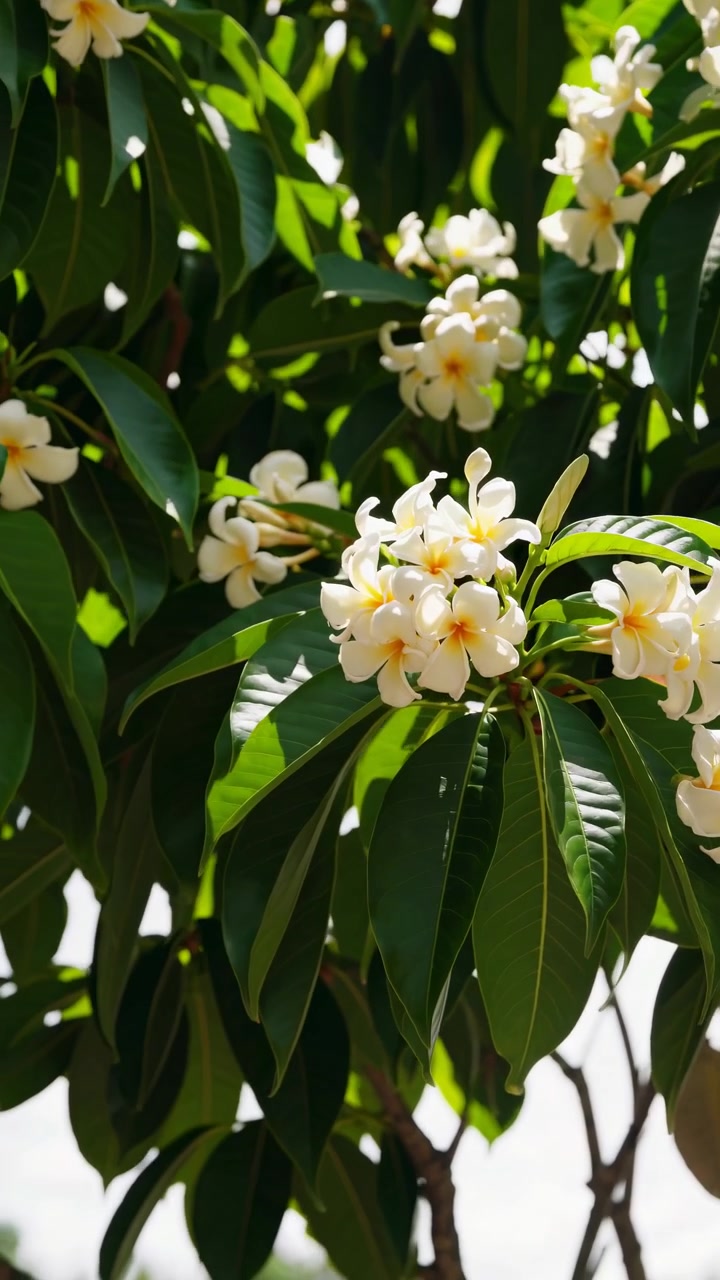 Fiori di Plumeria bianchi che sbocciano su un albero alla luce del sole
