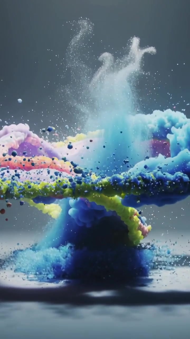 Vertical video: Rising blue column twisting with pastel ribbons after injection in studio, spraying