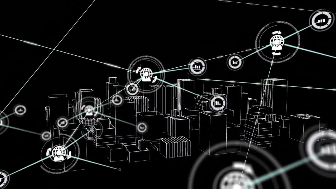 animación de la red de conexiones con iconos sobre el dibujo de la ciudad en 3d