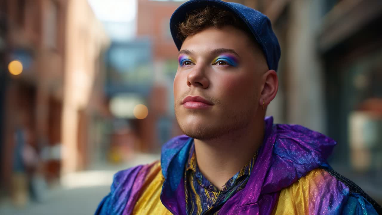 Vivace ritratto urbano di una persona sicura di sé che mette in mostra scelte di moda audaci ed espressione artistica in un ambiente colorato