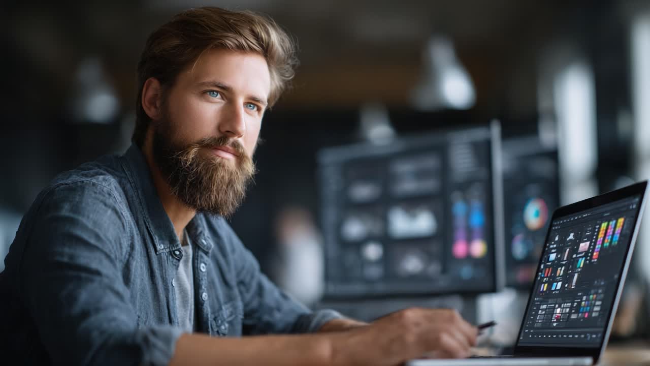 Focused male designer works intently on a laptop, surrounded by multiple screens showcasing colorful digital graphics and data, capturing the essence of creativity and technology