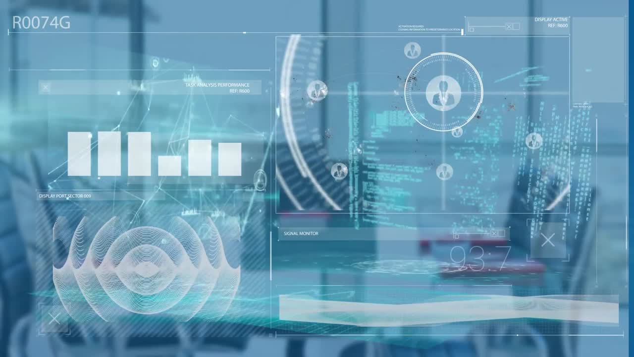 그래프, 음파, 프로파일 아이콘, 컴퓨터 언어를 통해 빈 사무실 객실의 숫자의 애니메이션