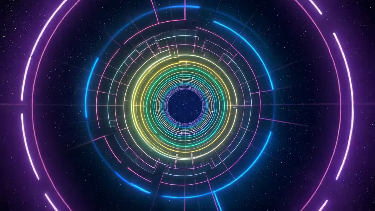 Emerging neon ring assembly pulsing and rotating through tunnel, starfield suggesting deeper travel