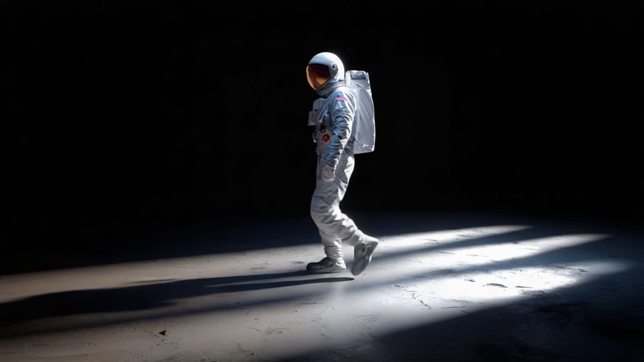An astronaut elegantly walks through a dimly lit space, casting shadows on a mysterious surface while exploring an unknown, dramatic environment in solitude