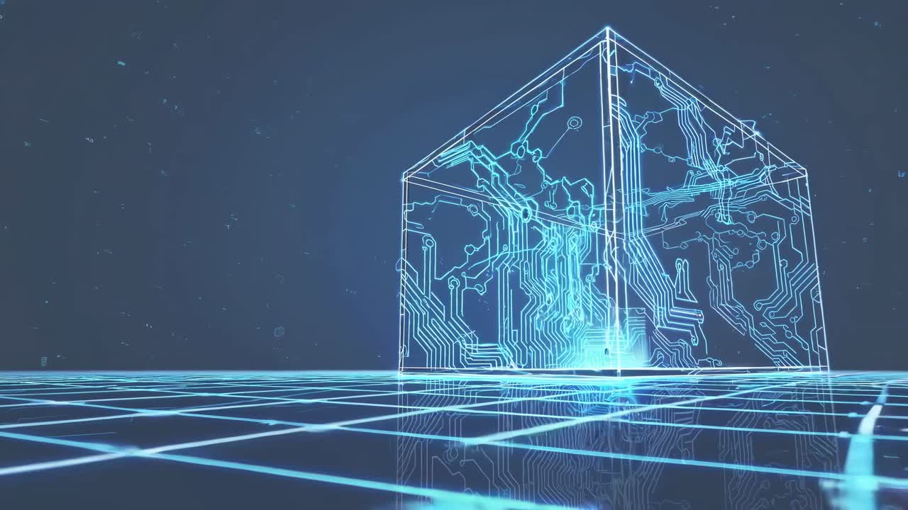 Futuristic digital cube with circuit patterns on a grid surface