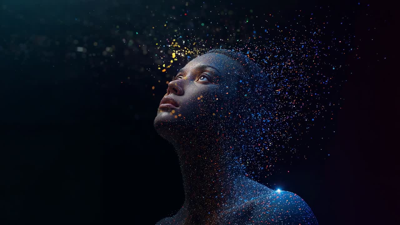 Tilting adult Black woman holding upward gaze in dark studio, particles forming and drifting