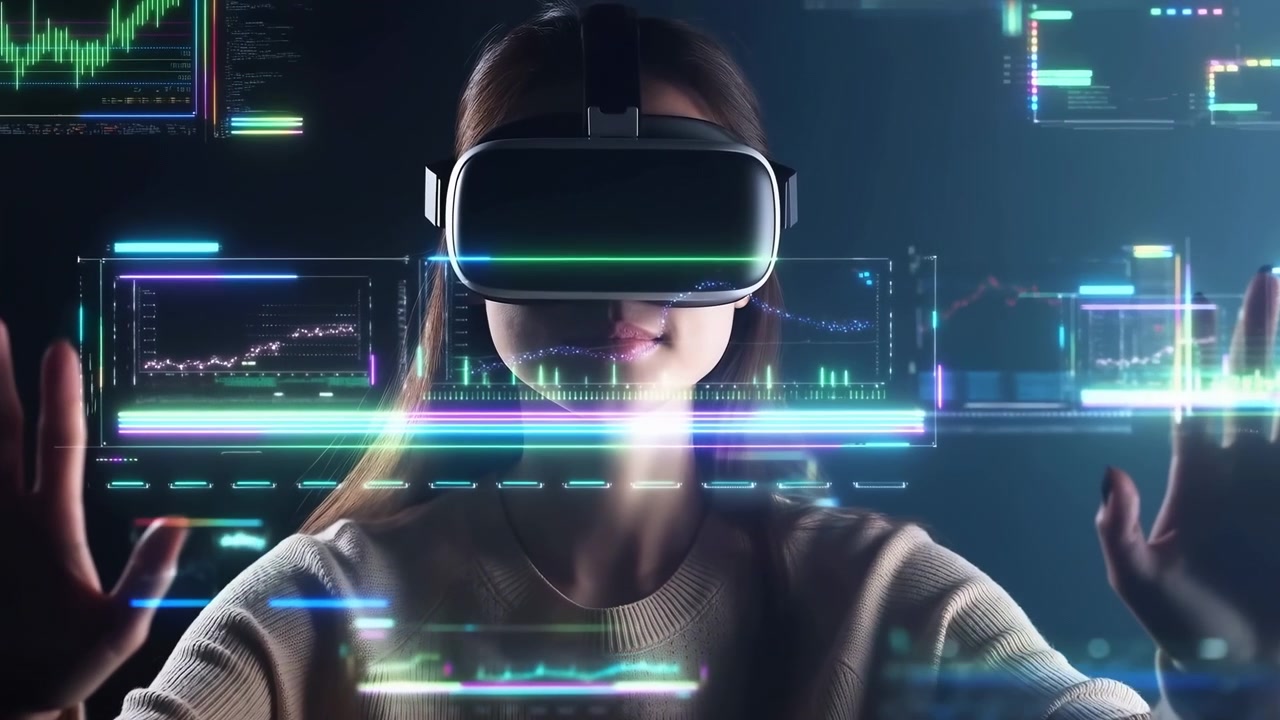 Front-facing view follows hand gestures shifting closer to layered market graphs and luminous interface panels, while cyan, green, and violet lines glow around headset wearer.