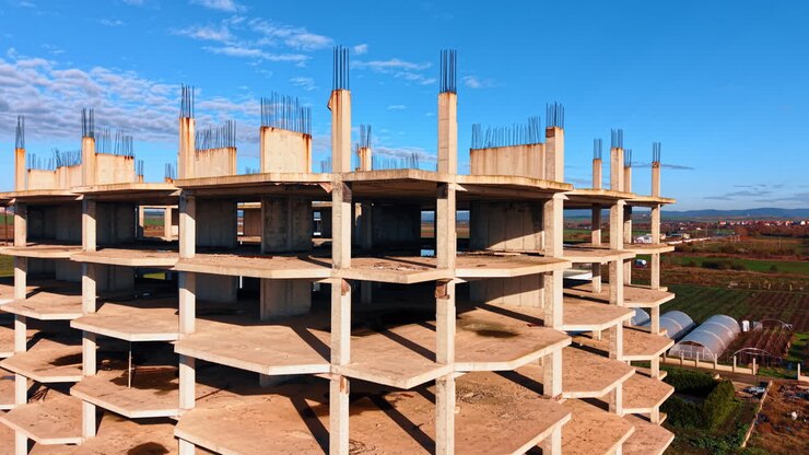Afstand nemen van het betonnen skelet van het in aanbouw zijnde gebouw met meerdere verdiepingen. Broeikassen en woonhuizen op de achtergrond