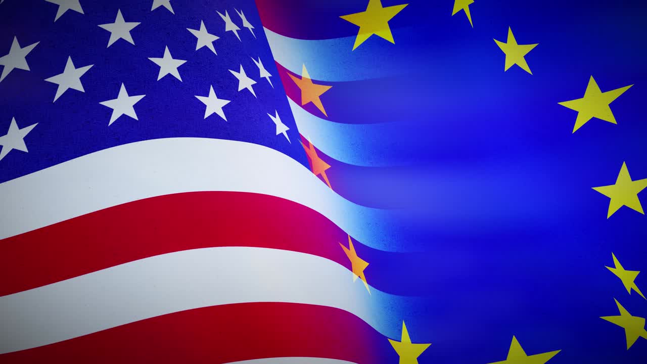 United states and European union flags on a flagpole show political relations.
