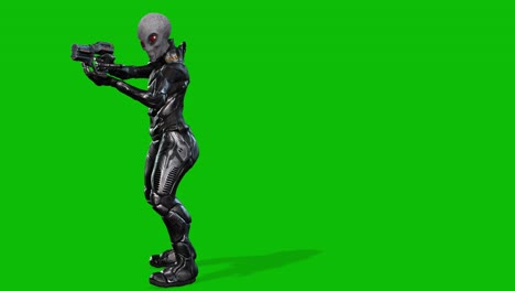 grey alien wearing a space suit and holding a sci-fi gun running, stopping and aiming on green screen, seamless loop 3d animation, left side view