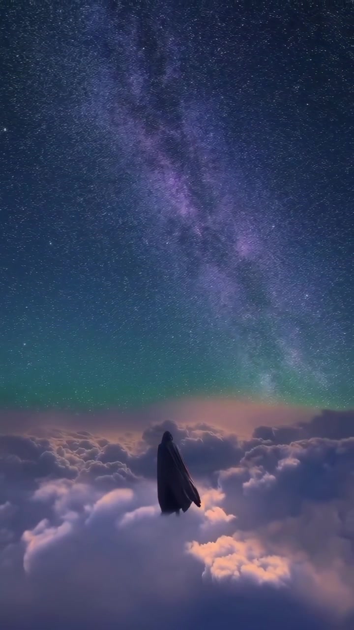 Hooded Figure Above Clouds Under Starry Night Sky with Milky Way and Aurora
