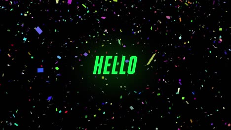 Digital-animation-of-hello-text-over-colorful-confetti-falling-against-black-background