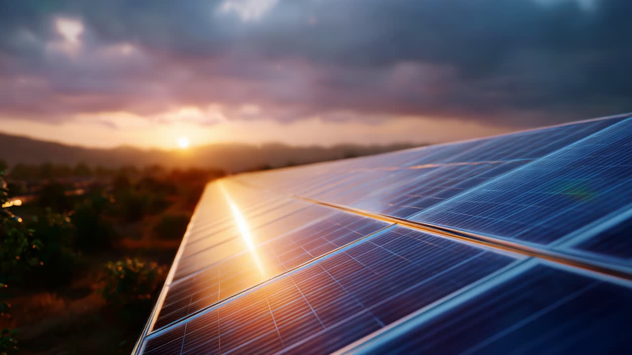 Tramonto suggestivo su pannelli solari che riflettono la luce, mettendo in mostra la tecnologia per l'energia rinnovabile e le pratiche sostenibili per un futuro più verde