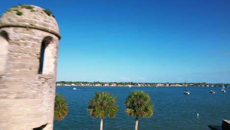 Aerial-view-passing-cannons-and-a-tower,-towards-the-sea,-at-Castillo-De-San-Marcos,-in-sunny-St