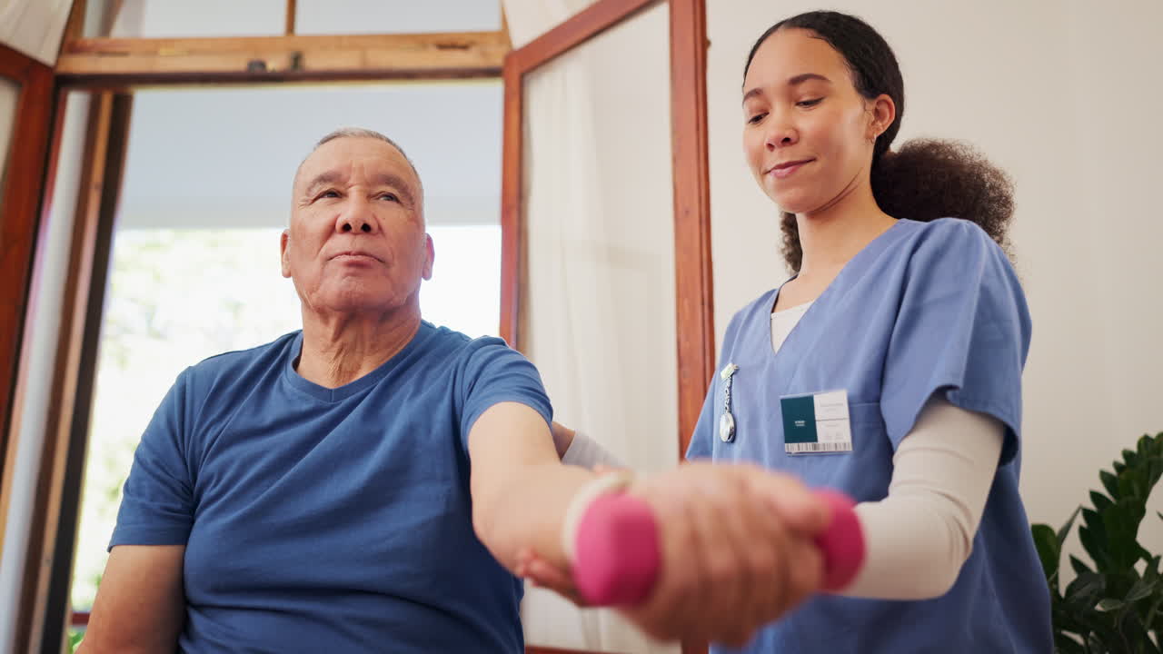Dumbbell, old man and physiotherapist talking