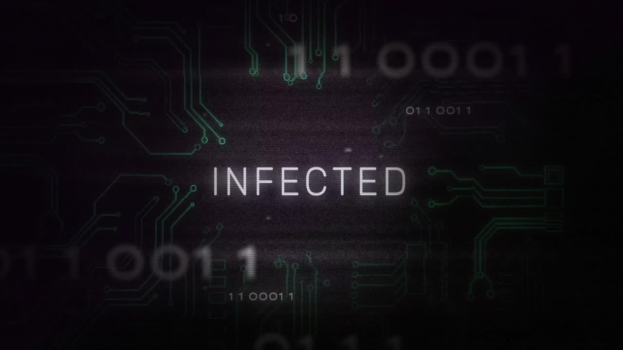 감염된 텍스트, 데이터 처리 및 컴퓨터 회로판에 대한 간섭의 애니메이션