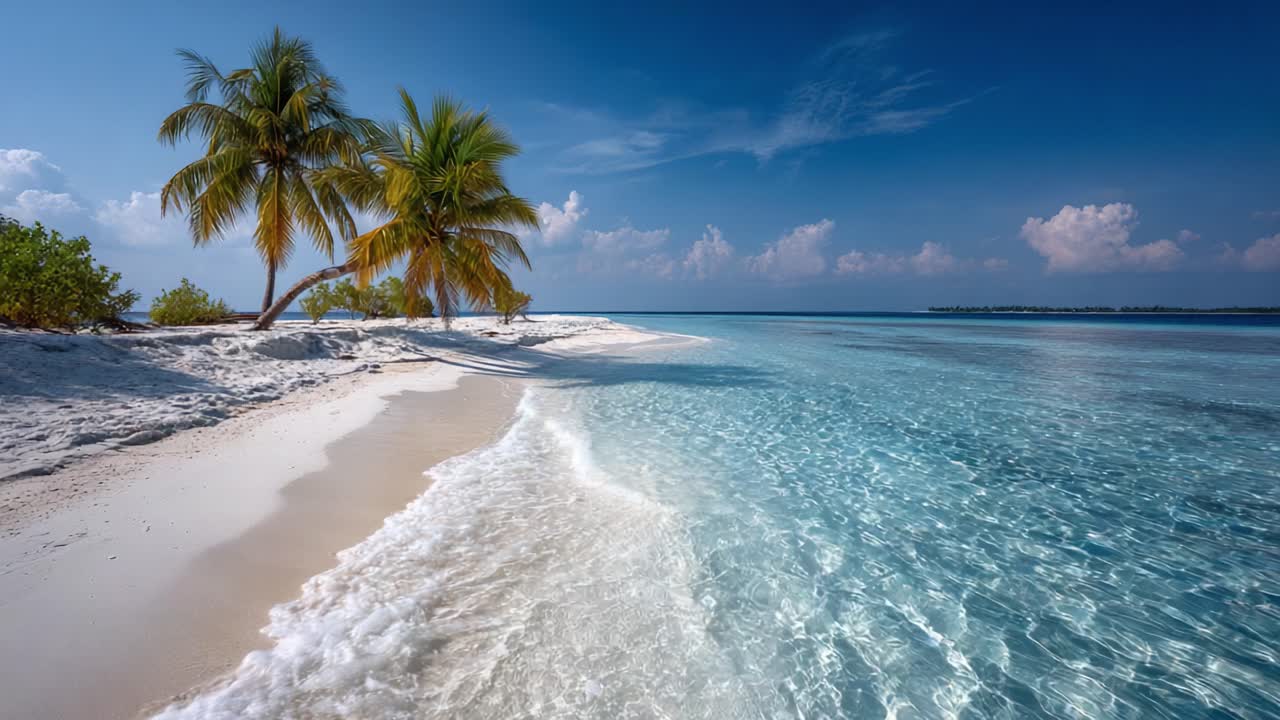 A Serene Tropical Paradise: Crystal-Clear Waters and Lush Palm Trees on a Pristine Beach, Perfect for Relaxation and Enjoying Nature's Beauty