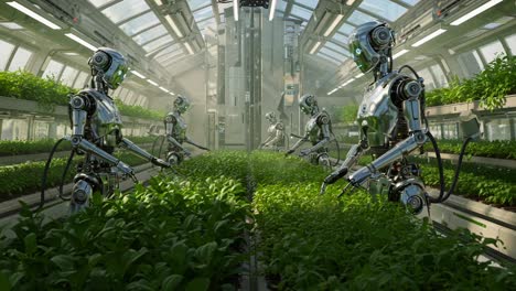 robotic technology in agriculture: automated androids tending to thriving plants in a futuristic greenhouse environment