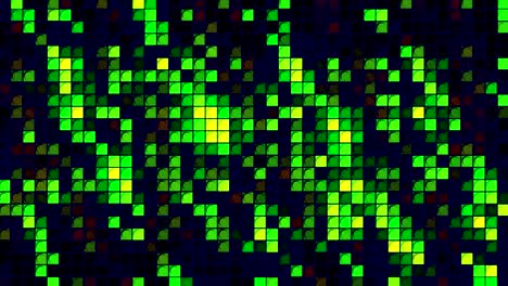 fondo de movimiento abstracto con píxeles verdes que parpadean y parpedean en un fondo negro, bucle sin costuras. movimiento. danza colorida de cuadrados parpadeantes al azar